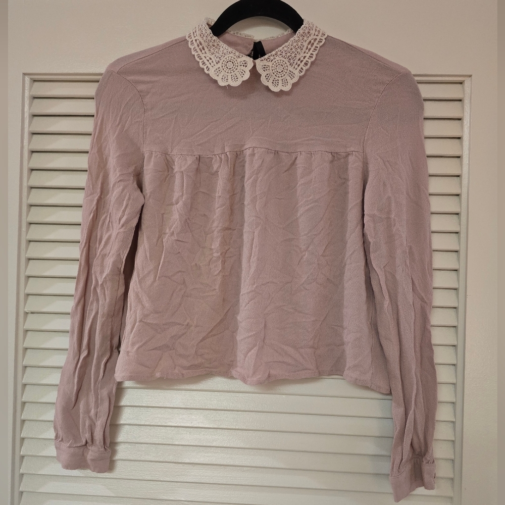 Divided H&M - Pink Long-Sleeve Top With White Trim & Black Ribbon